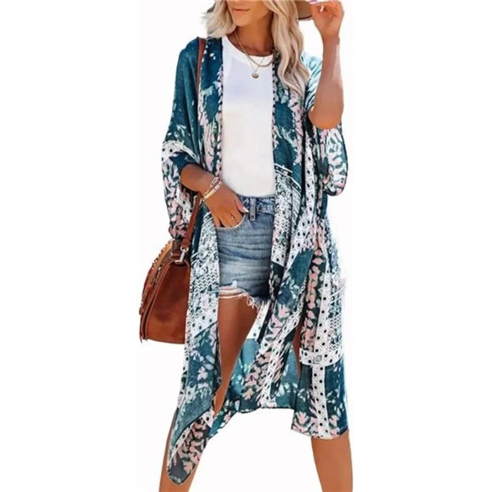 Boho Blue Tie Dye Printed Cardigan Long Kimono Duster Bikini Swimsuit‎ Coverup - Picture 5 of 6
